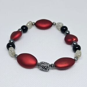 Red Beaded Stretch Bracelet Silver Tone Accent Statement Jewelry